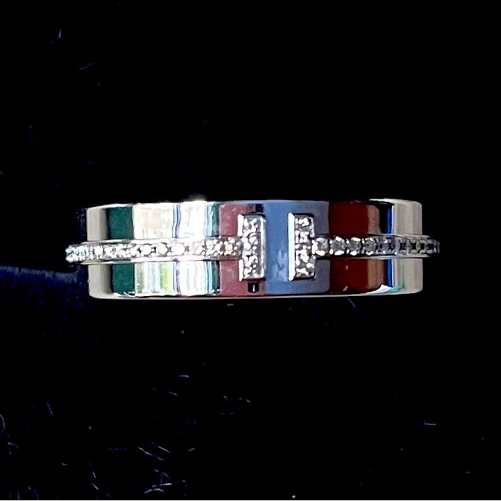 Authentic Tiffany & Co. 18K Wide White Gold & Diamond T Ring, size 7.25.